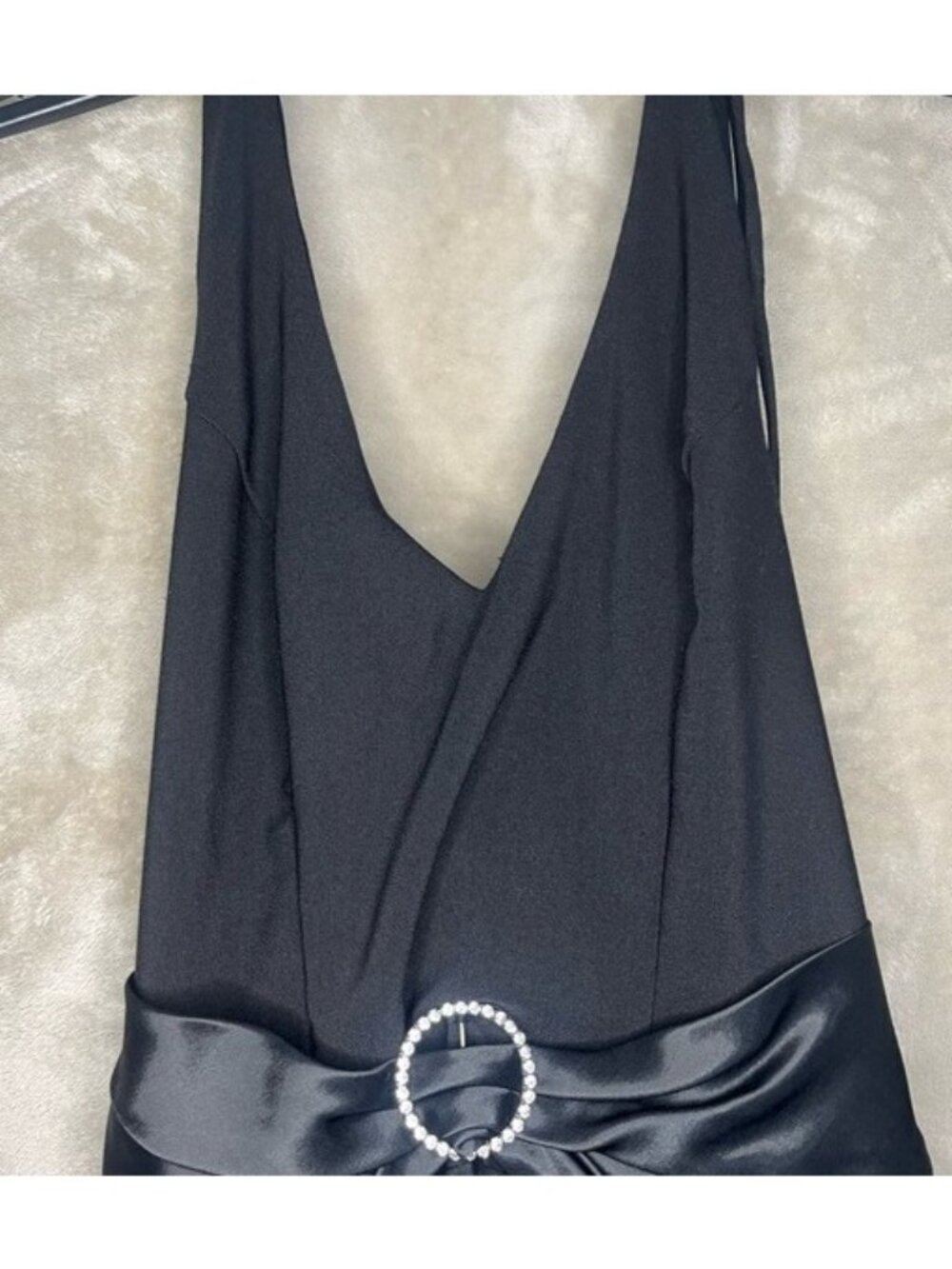 B. Darlin Black Halter Vintage Y2K Tie Back Satin Evening Dress Rhinestone Vneck - Picture 11 of 16